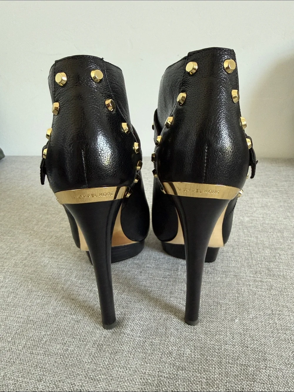 Michael Kors leather Black Peep-Toe Platform Booties with Gold Studs